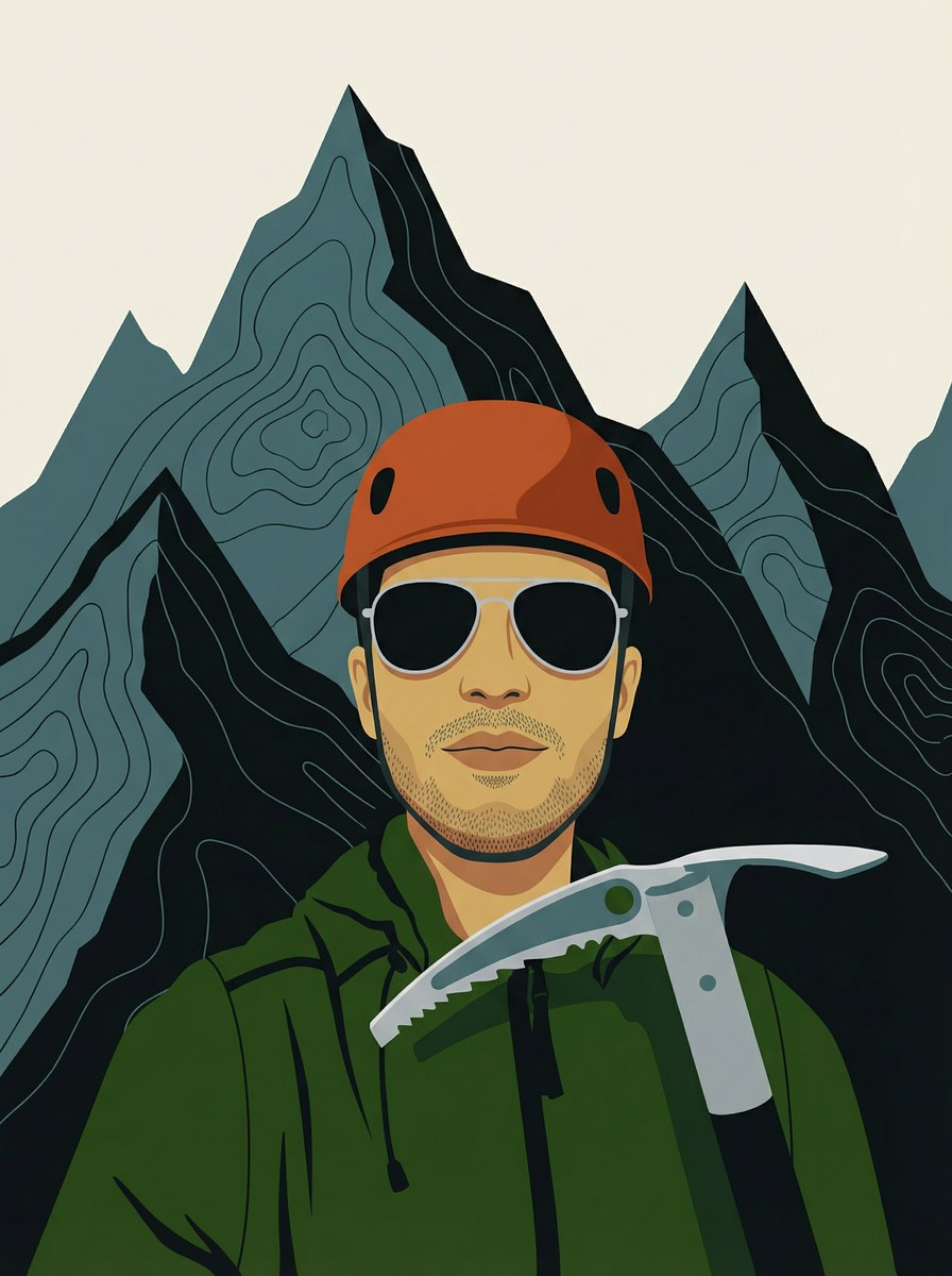 Illustrated portrait of Ashwin Ramesh — alpine gear, topo map background